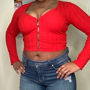 BRIGHT RED CORDUROY SWEATER CROP TOP